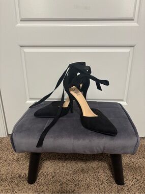 Black Pointed Lace-Up Stiletto Heels